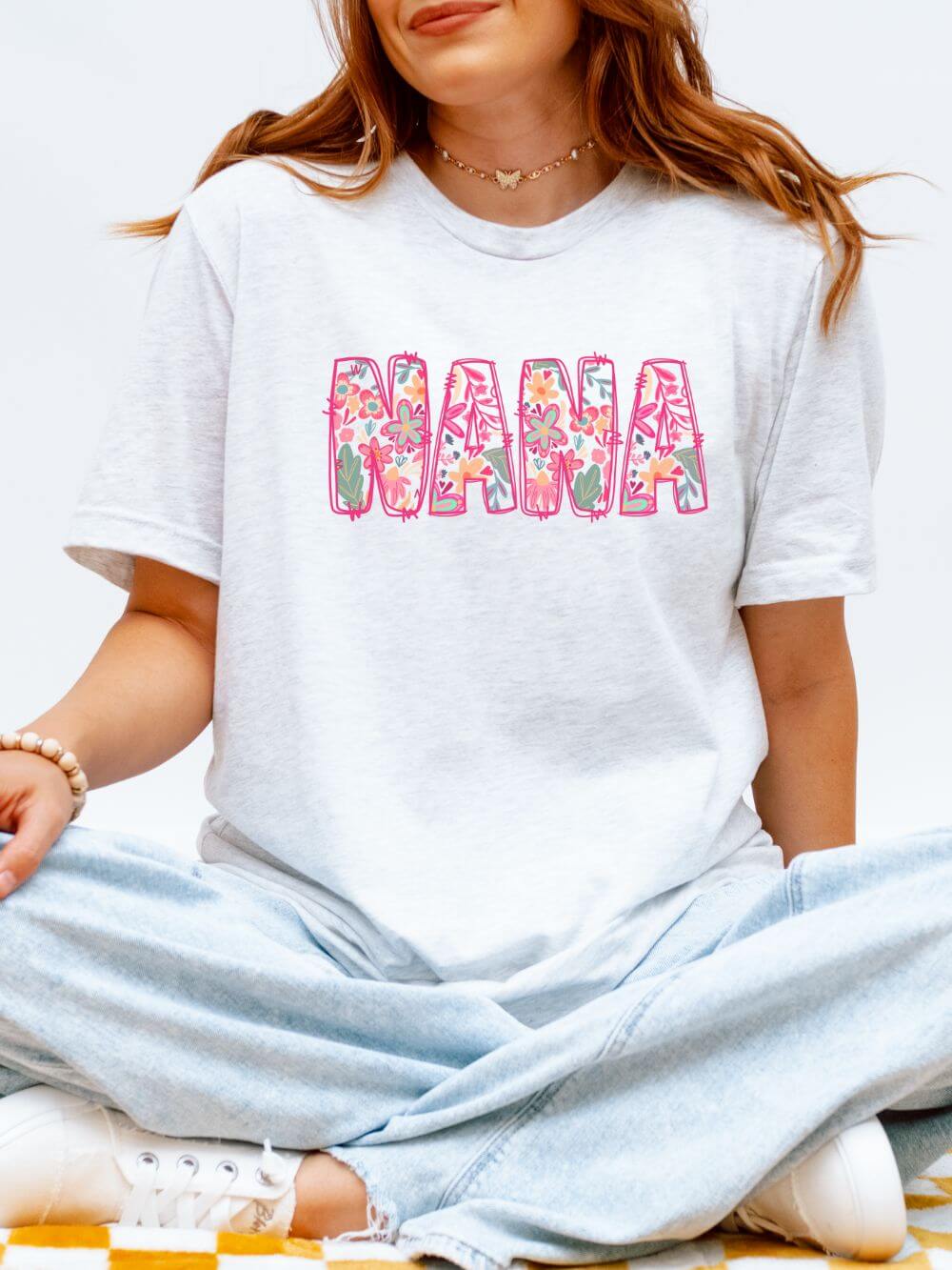 Nana Boho Pink Floral Graphic T‑Shirt Flower Pattern Grandmother Tee