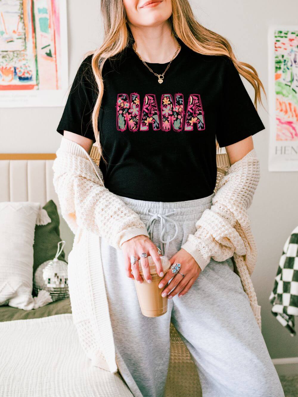 Nana Boho Pink Floral Graphic T‑Shirt Flower Pattern Grandmother Tee