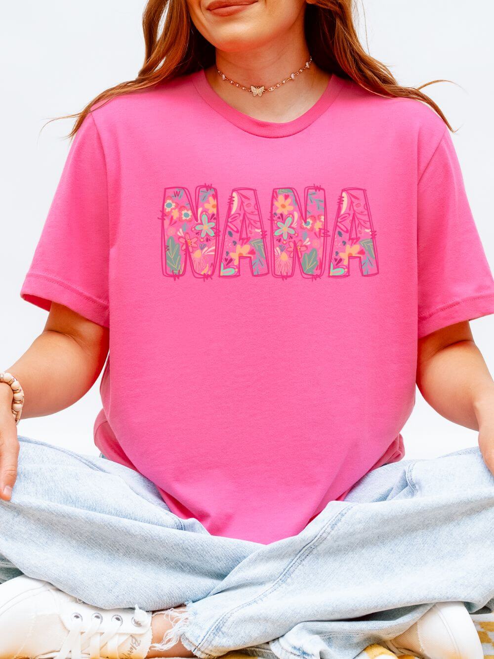 Nana Boho Pink Floral Graphic T‑Shirt Flower Pattern Grandmother Tee
