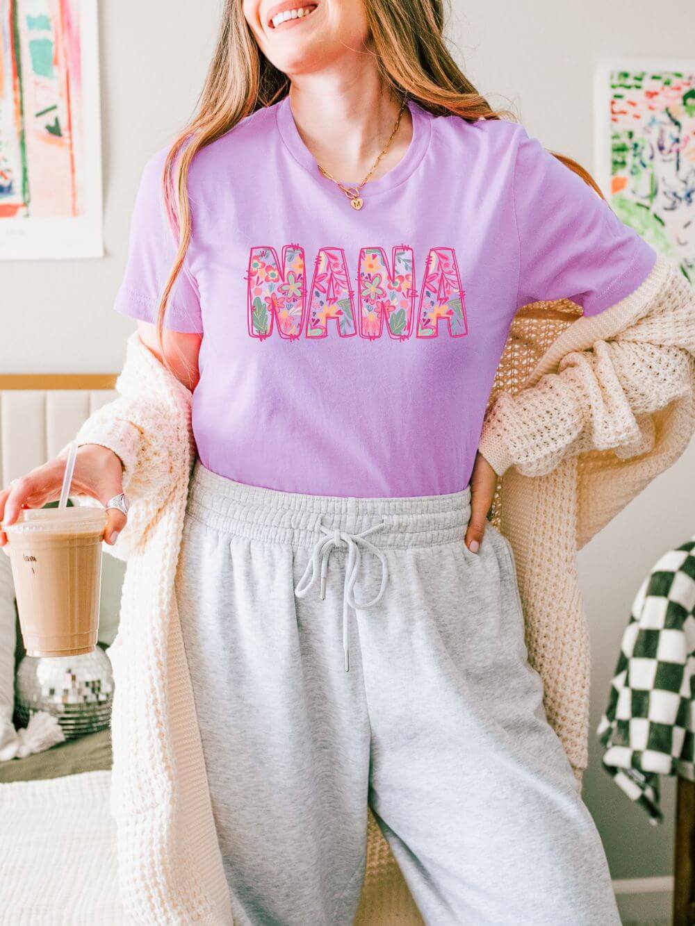 Nana Boho Pink Floral Graphic T‑Shirt Flower Pattern Grandmother Tee
