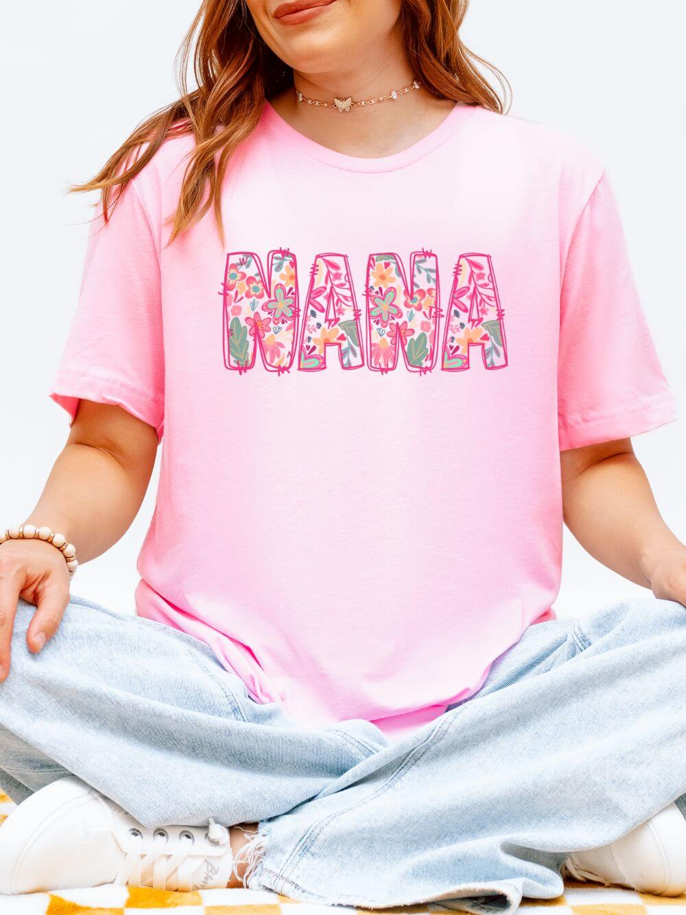 Nana Boho Pink Floral Graphic T‑Shirt Flower Pattern Grandmother Tee