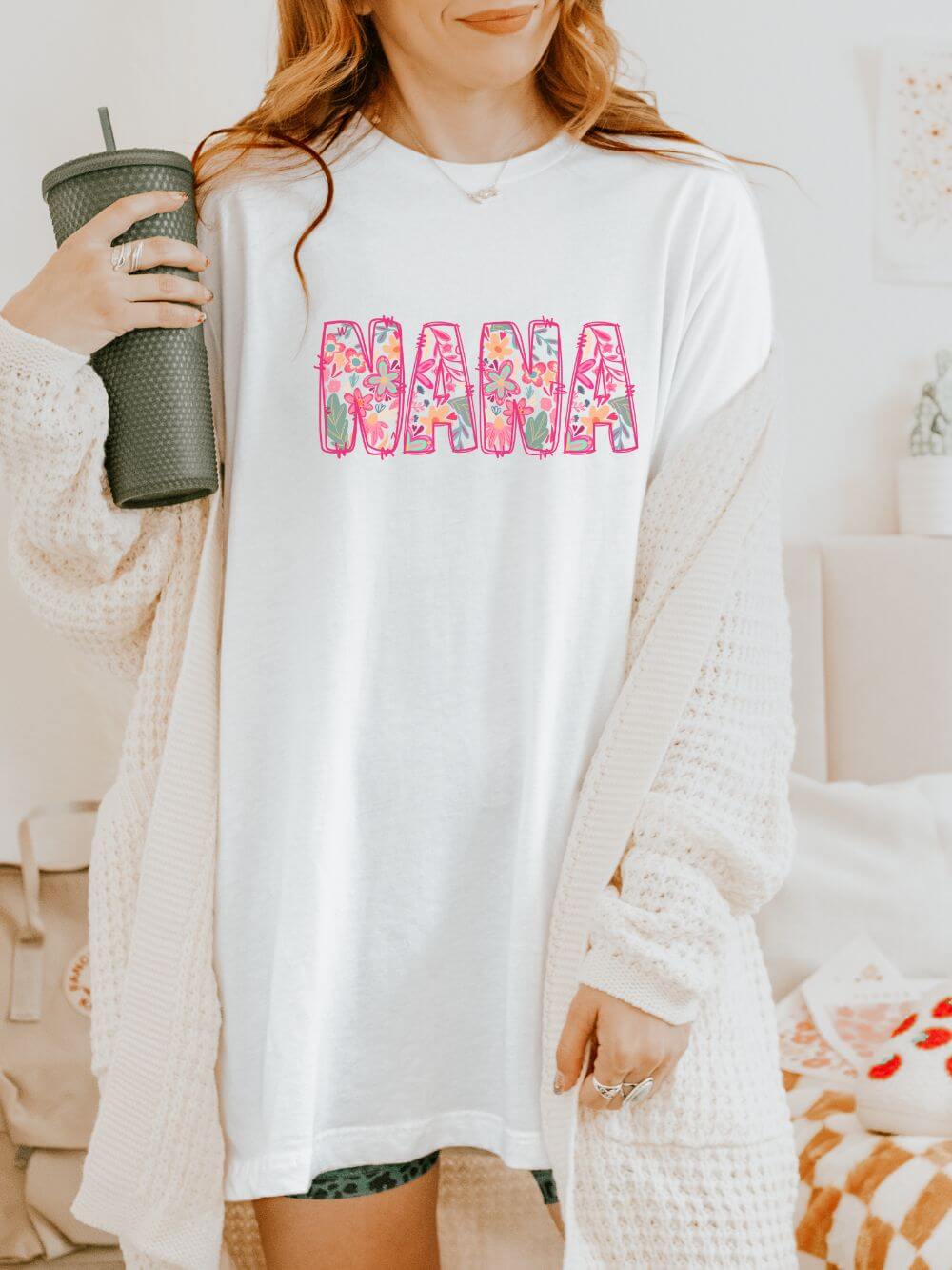 Nana Boho Pink Floral Graphic T‑Shirt Flower Pattern Grandmother Tee