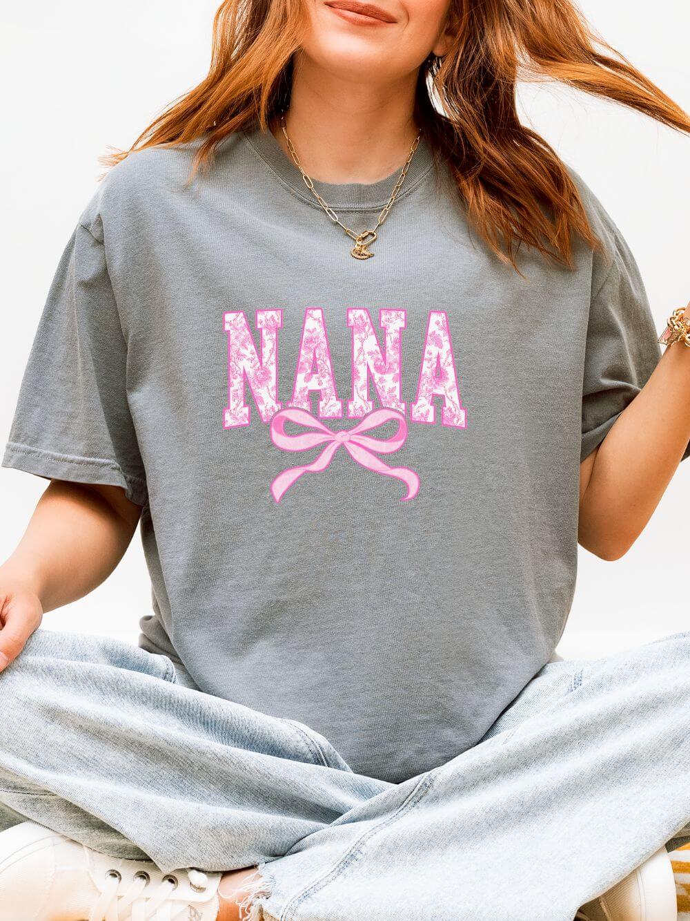 Nana Coquette Pink Toile Bow T-Shirt Cute Grandmother Graphic Tee