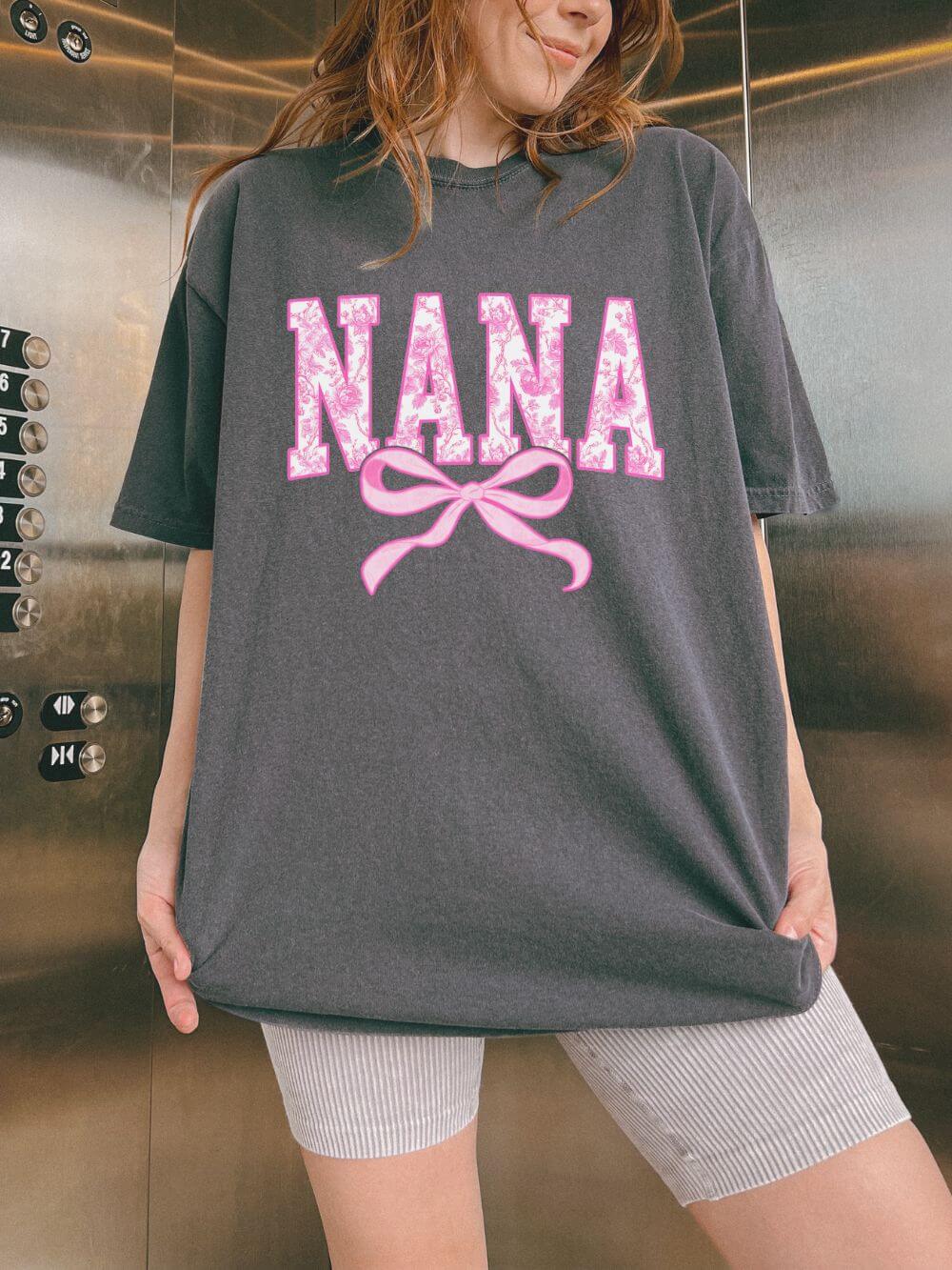 Nana Coquette Pink Toile Bow T-Shirt Cute Grandmother Graphic Tee