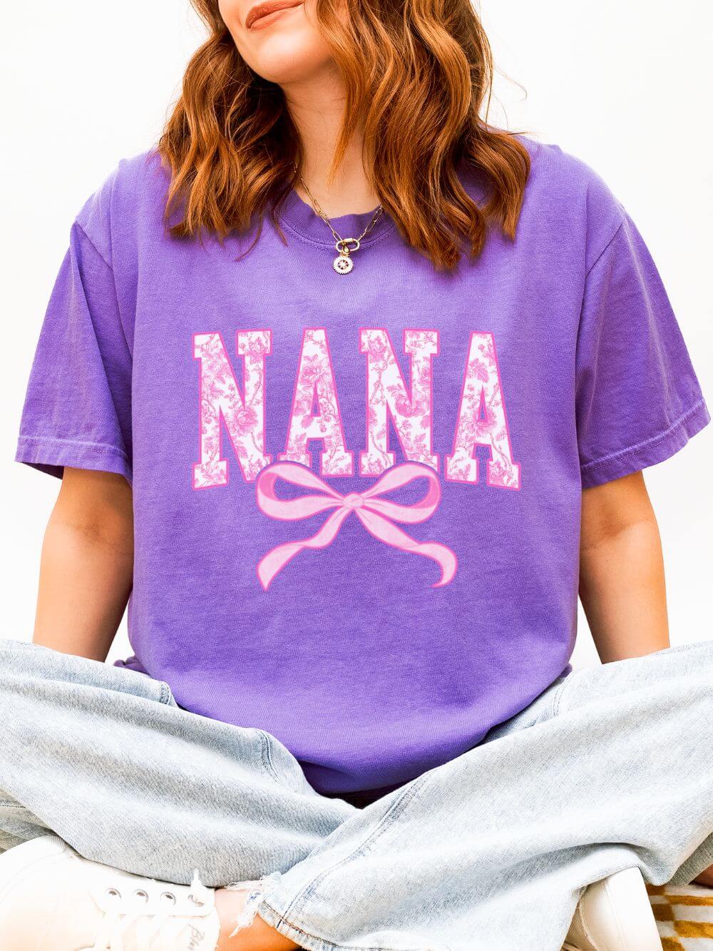 Nana Coquette Pink Toile Bow T-Shirt Cute Grandmother Graphic Tee