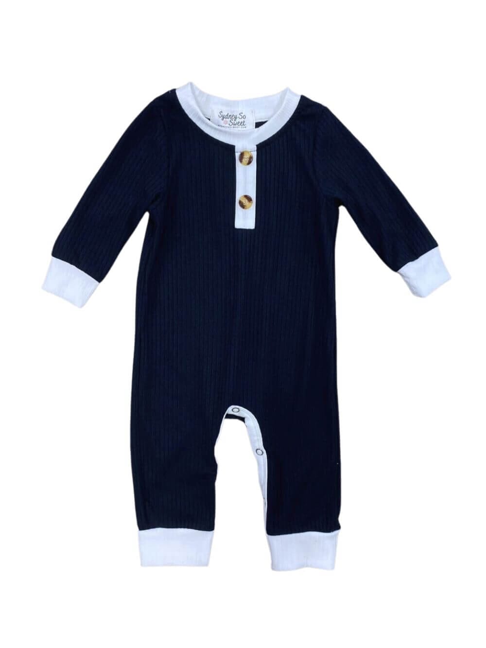 Navy Blue Henley Style Baby Boy Romper - Sydney So Sweet