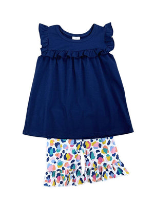 Navy & Leopard Girls Sleeveless Top & Shorts Outfit - Sydney So Sweet