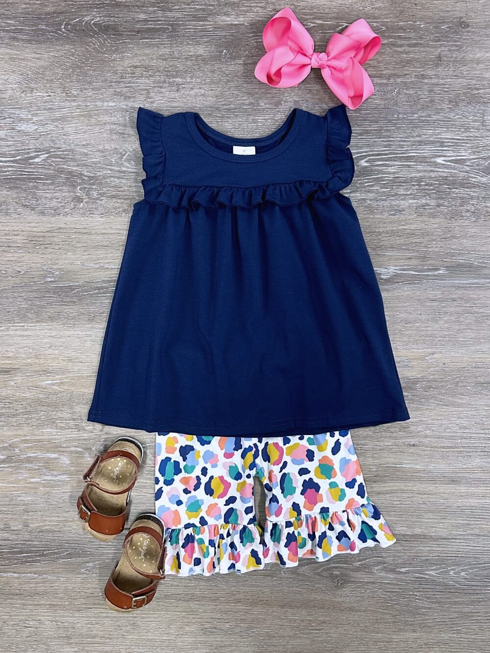 Navy & Leopard Girls Sleeveless Top & Shorts Outfit