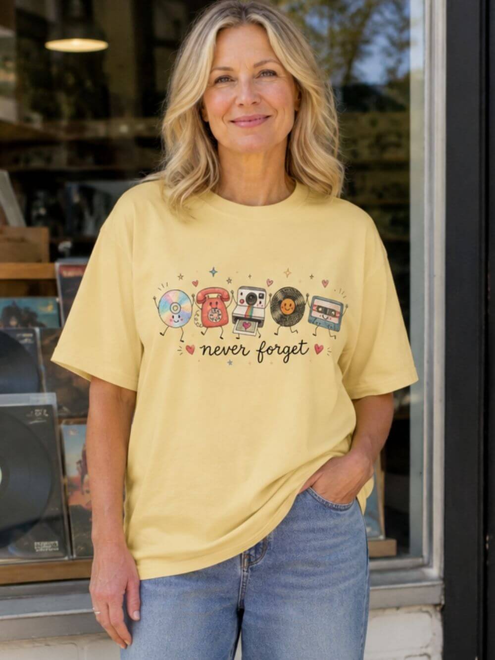 Retro Media Icons T-Shirt Nostalgic Vintage Cassette Vinyl & Phone Tee