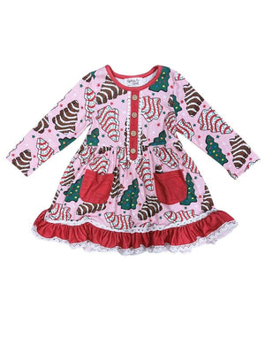 O Christmas Tree Cake Girls Ruffle Trim Pocket Dress - Sydney So Sweet