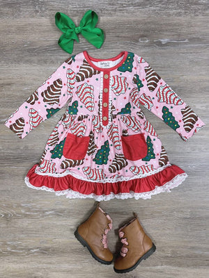 O Christmas Tree Cake Girls Ruffle Trim Pocket Dress - Sydney So Sweet