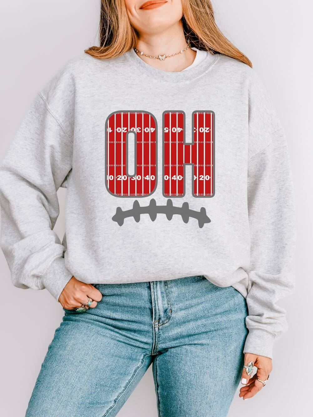 OH Football Field Stripe Ohio State Crew Neck Sweatshirt Scarlet & Gray Gameday Pullover