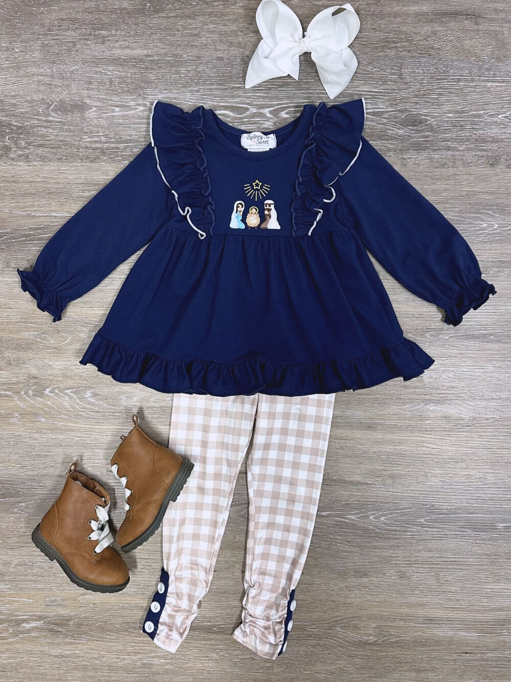 O Holy Night Girls Nativity Tunic and Plaid Leggings Outfit - Sydney So Sweet