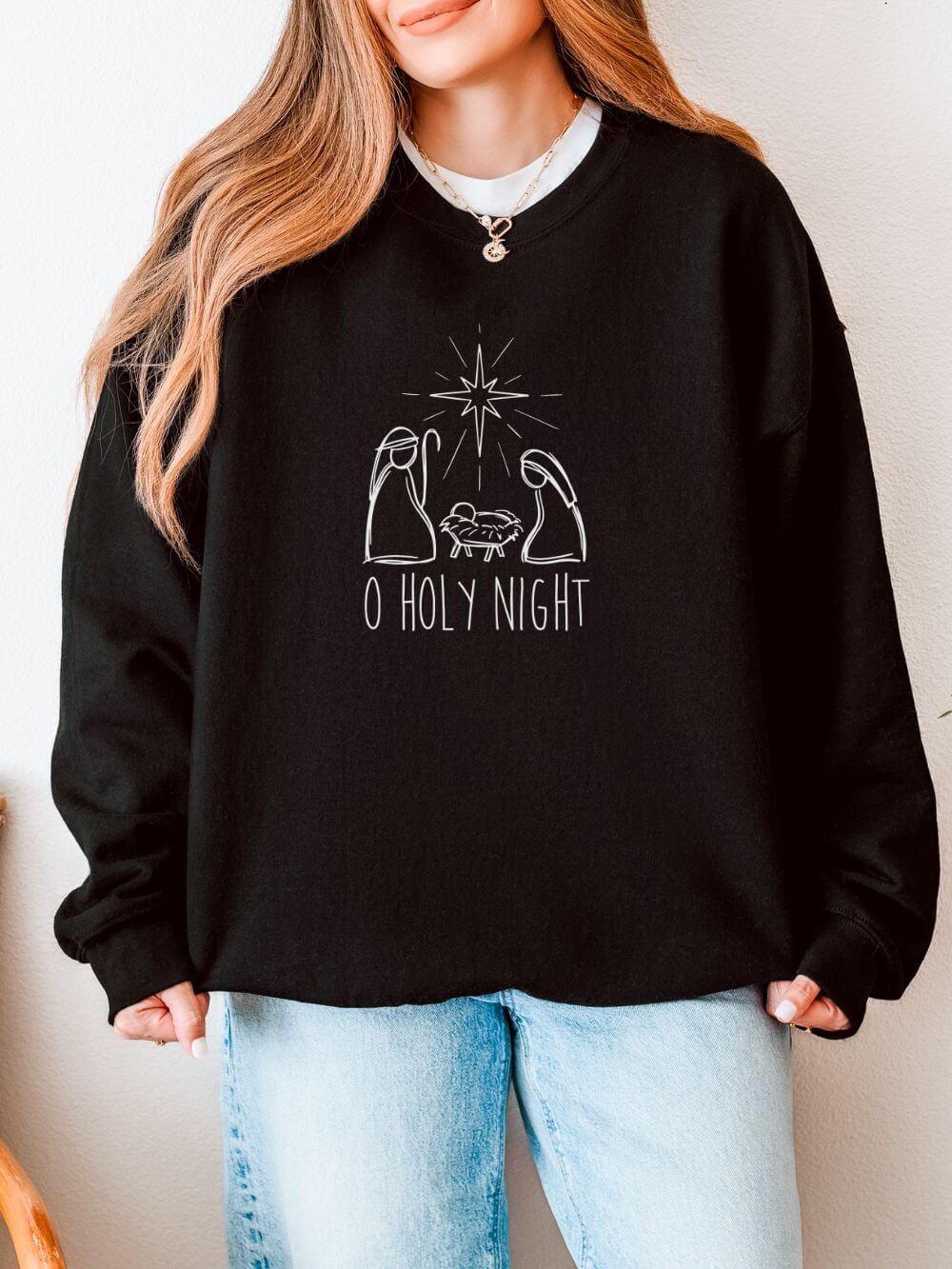O Holy Night Nativity Heavy Blend Women's Crewneck Embroidered Christmas Sweatshirt - Sydney So Sweet