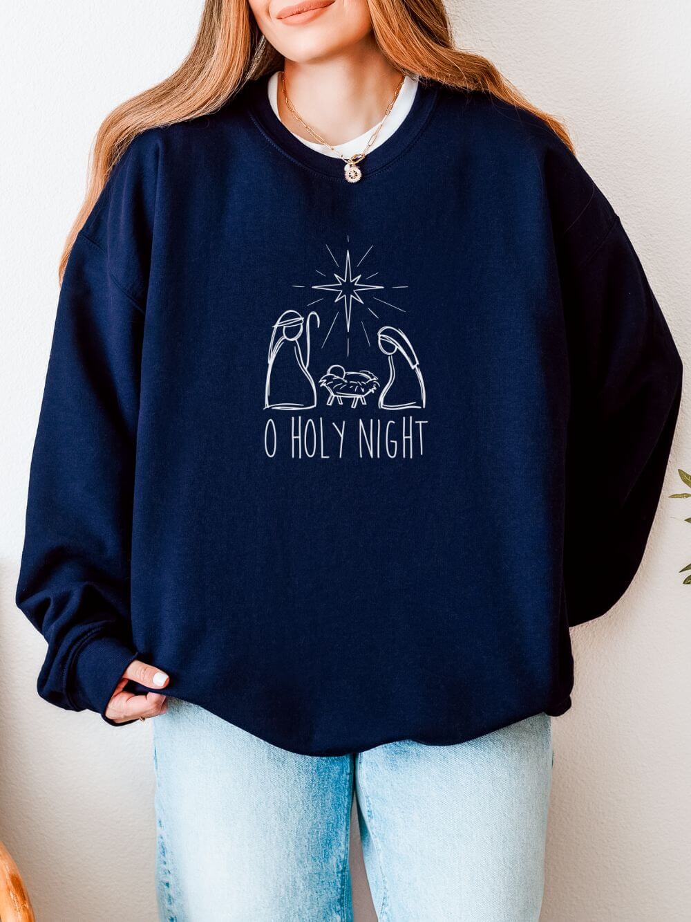 O Holy Night Nativity Heavy Blend Women's Crewneck Embroidered Christmas Sweatshirt - Sydney So Sweet