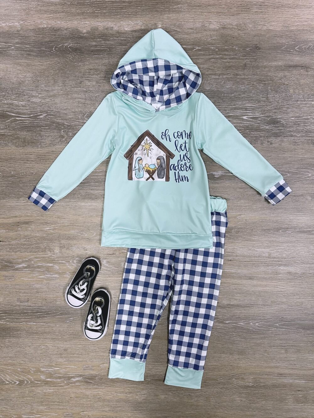 Oh Come Let Us Adore Him Blue Nativity Hoodie Outfit - Sydney So Sweet