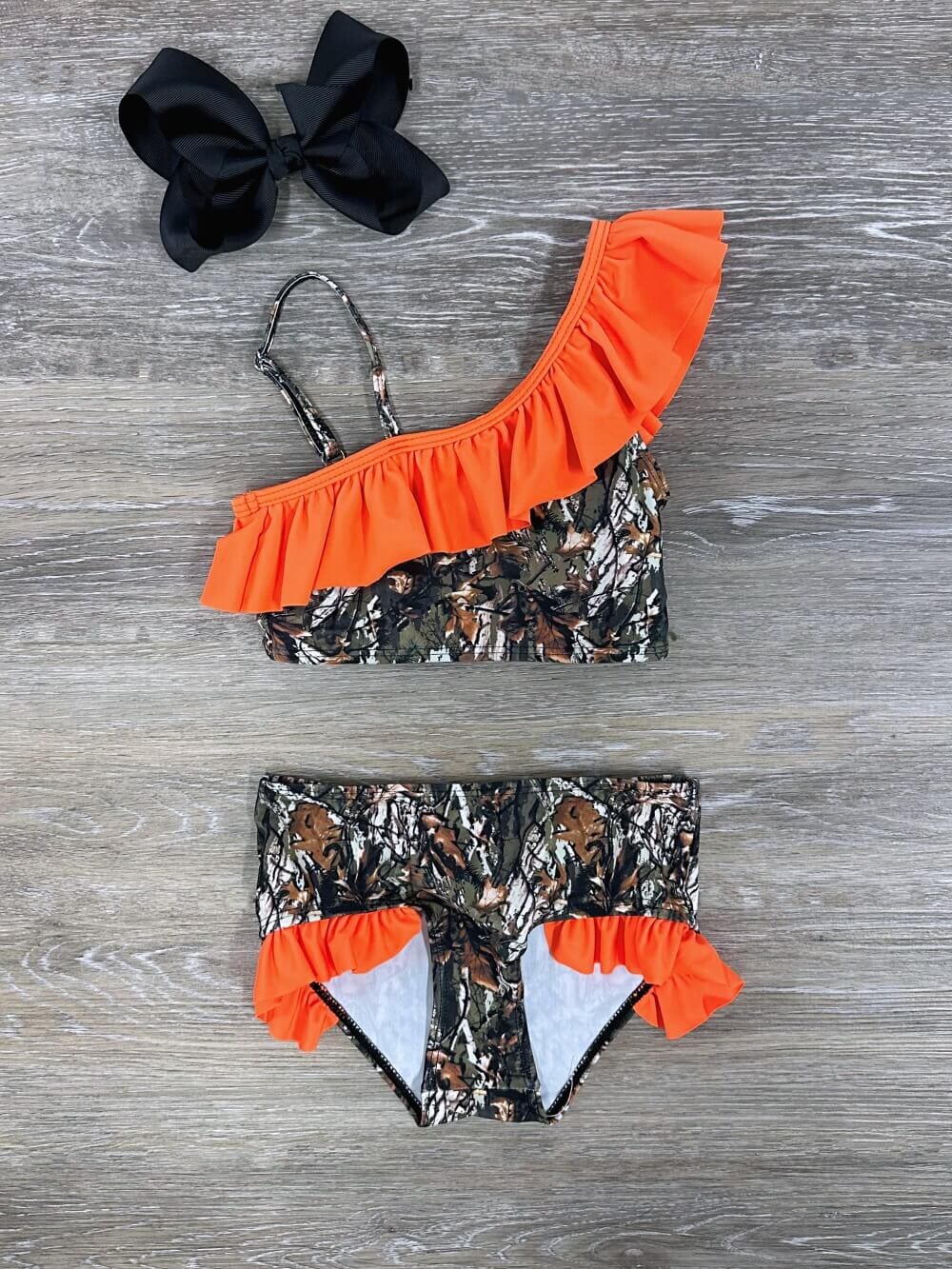 Oh Deer Camo Orange Ruffle Girls 2 Piece Swimsuit