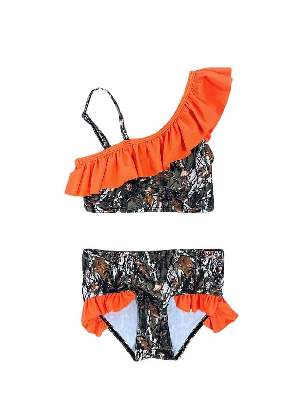 Oh Deer Camo Orange Ruffle Girls 2 Piece Swimsuit