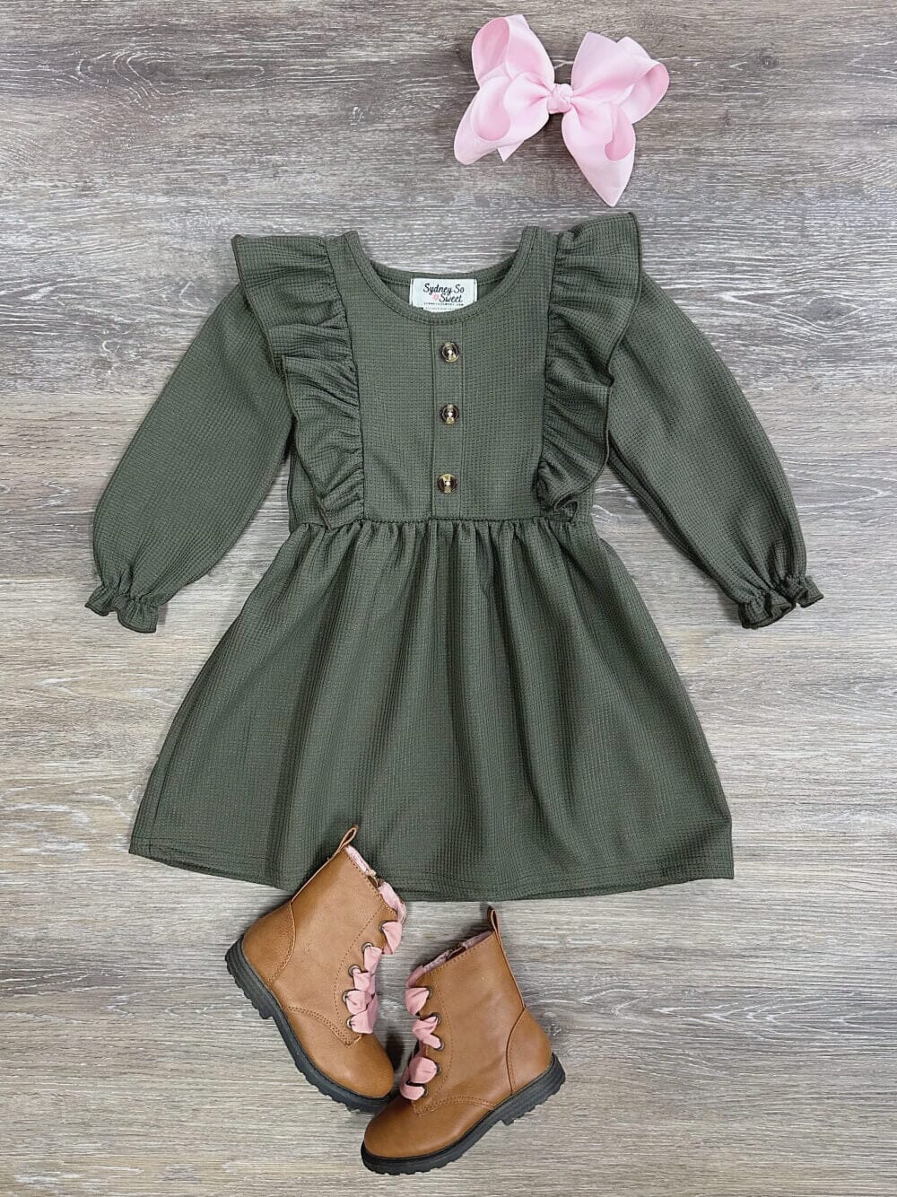 Olive Green Waffle Knit Girls Ruffle Trim Long Sleeve Dress - Sydney So Sweet