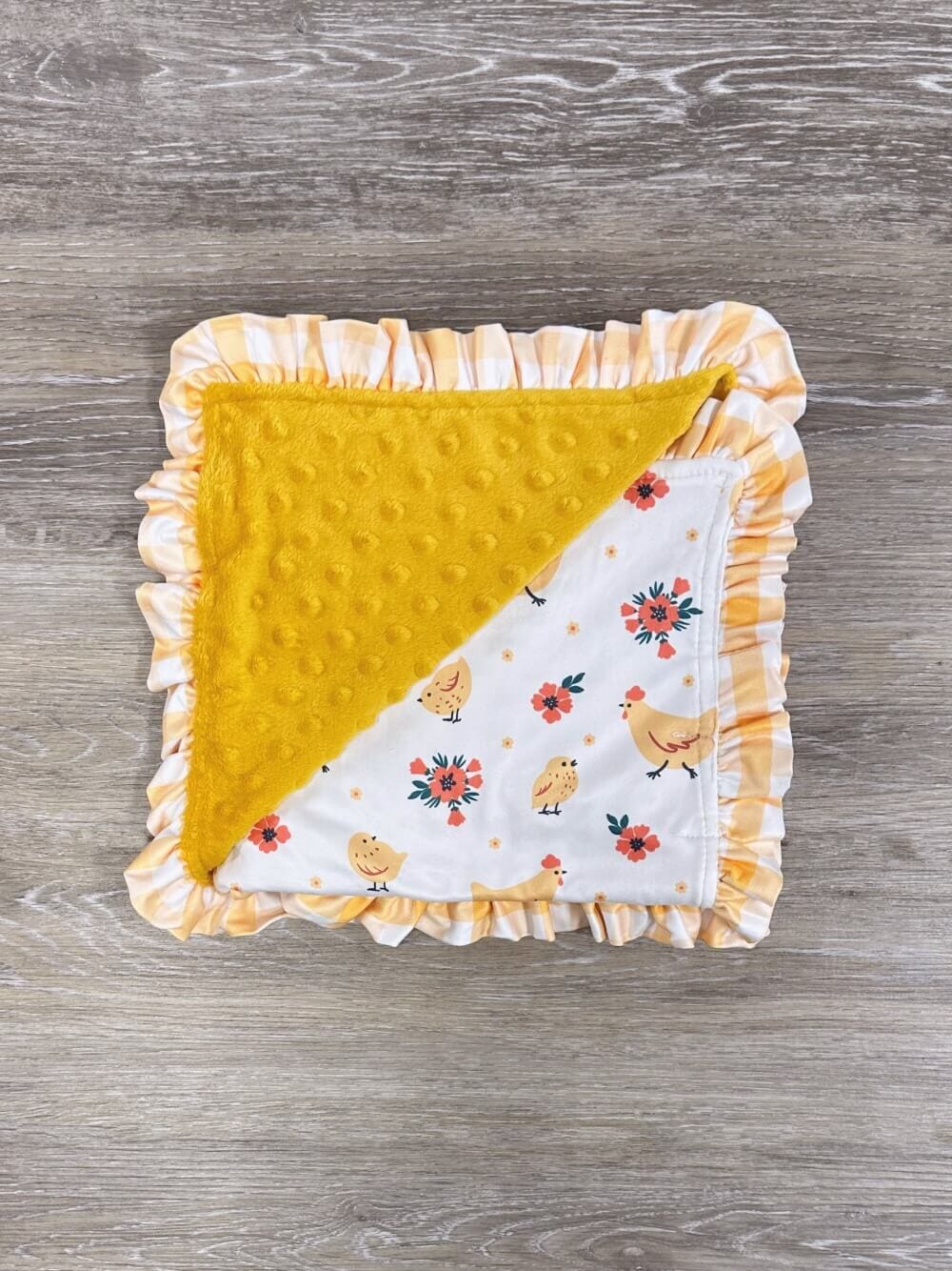 One Cute Chick Yellow Ruffle Baby or Toddler Minky Blanket - Sydney So Sweet