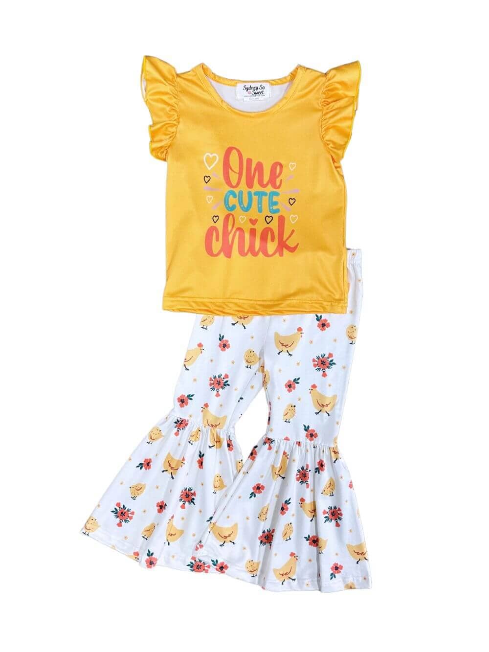 One Cute Chick Yellow Ruffle Girls Bell Bottom Outfit - Sydney So Sweet