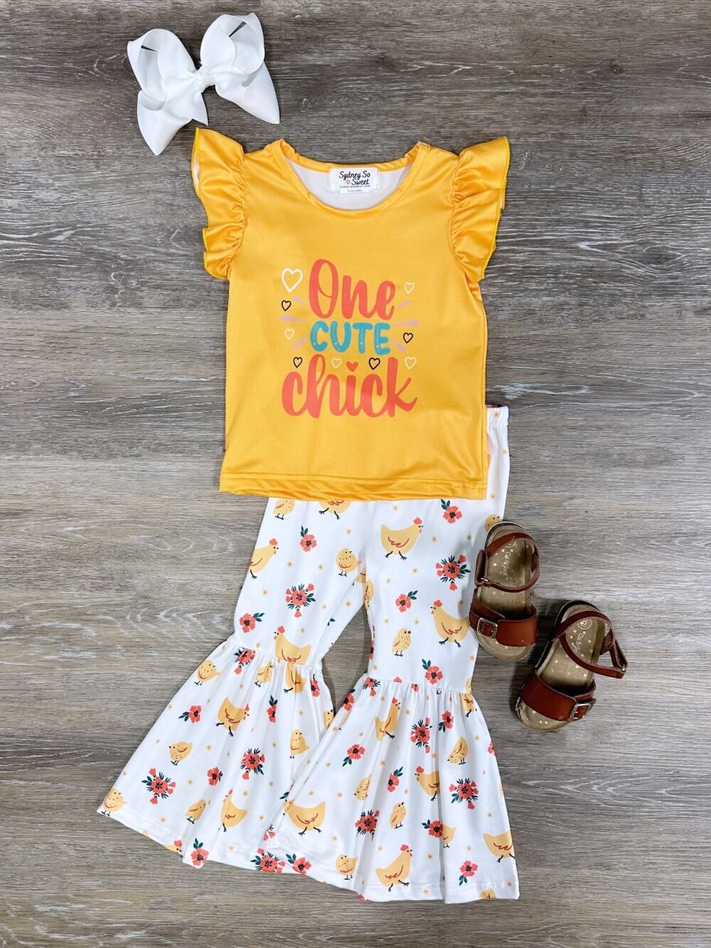 One Cute Chick Yellow Ruffle Girls Bell Bottom Outfit - Sydney So Sweet
