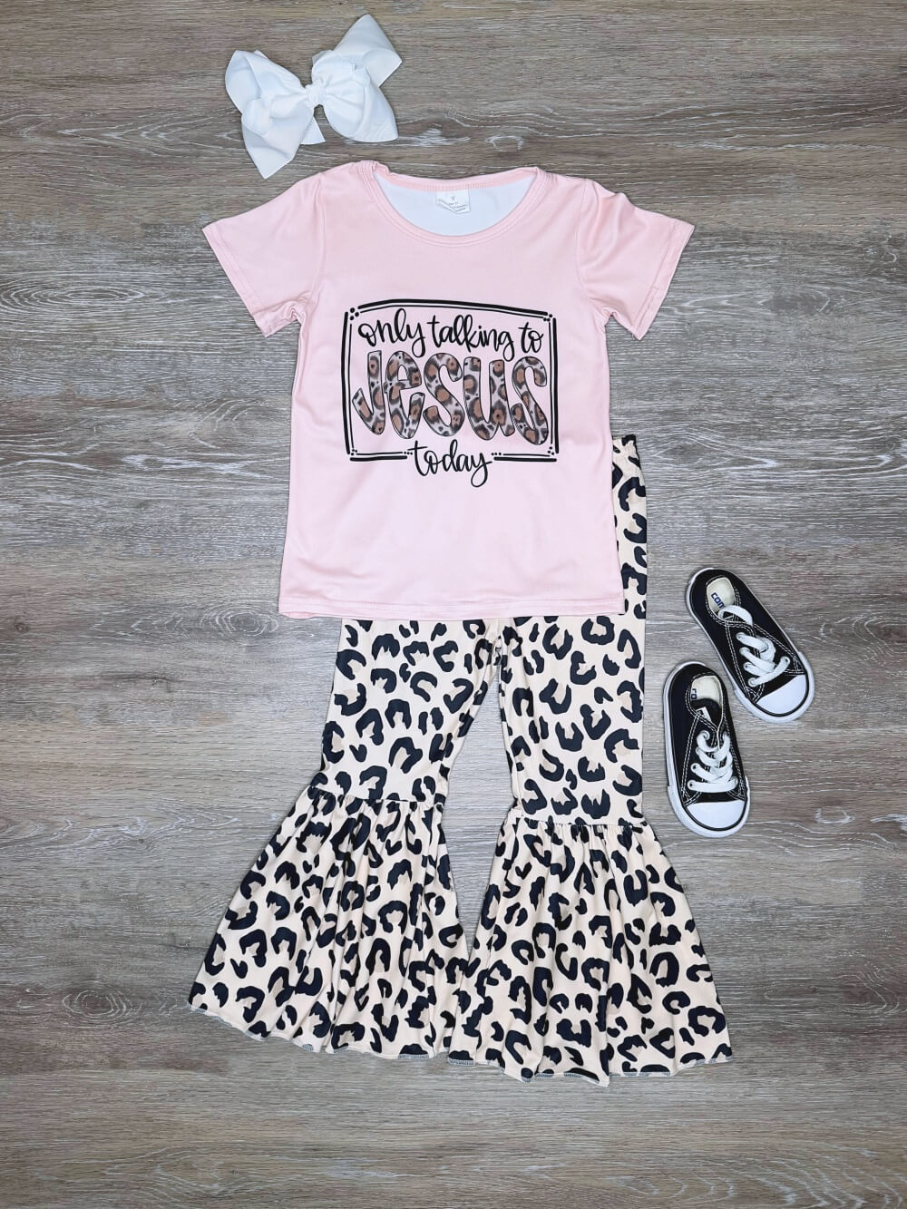 Only Talking to Jesus Today Girls Leopard Bell Bottoms Outfit