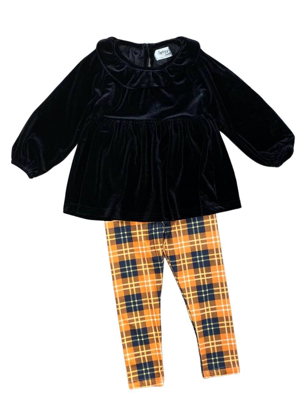 Orange & Black Velvet Top Plaid Leggings Outfit - Sydney So Sweet