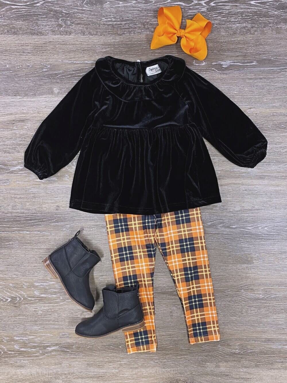 Orange & Black Velvet Top Plaid Leggings Outfit