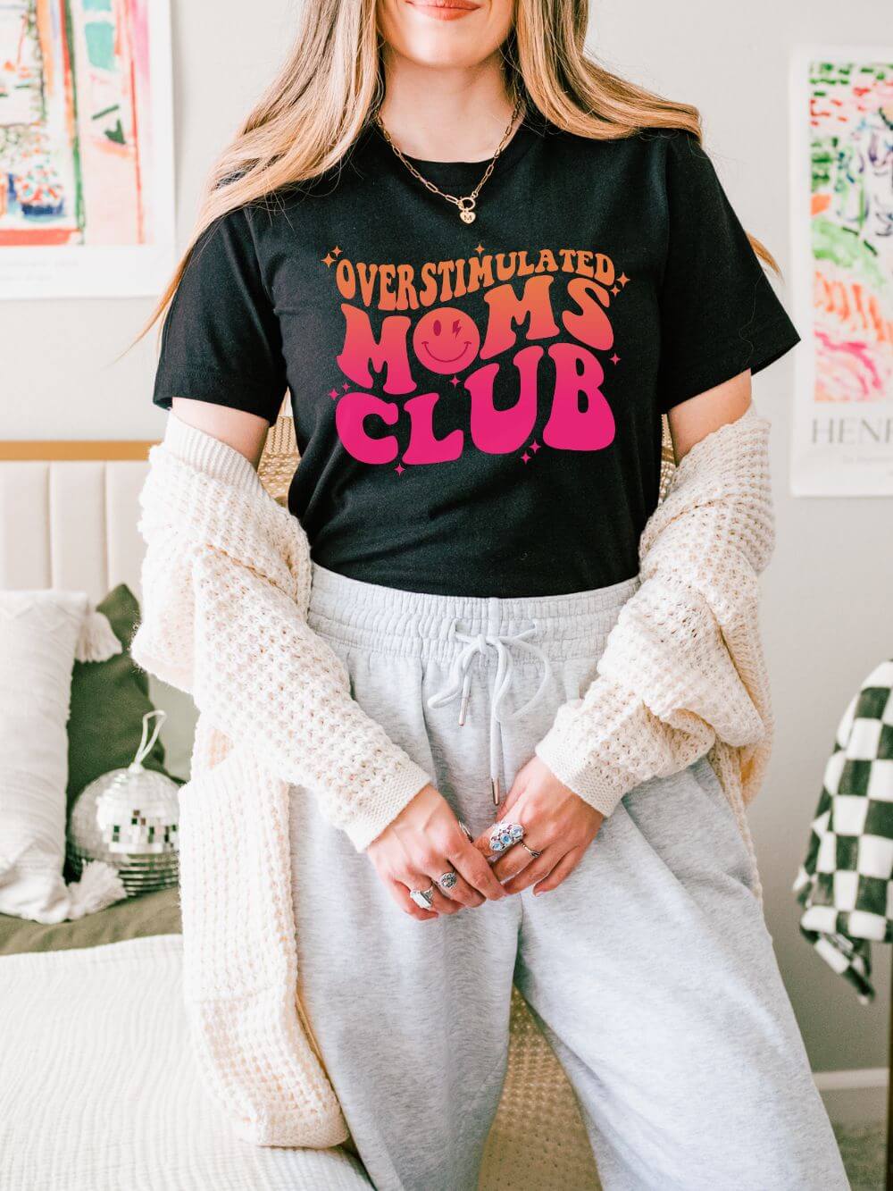 Overstimulated Moms Club Retro Orange & Pink Graphic T-Shirt