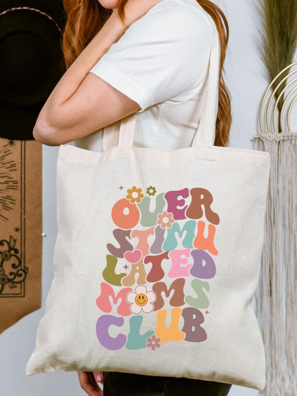 Overstimulated Moms Club Retro Floral Canvas Tote Bag