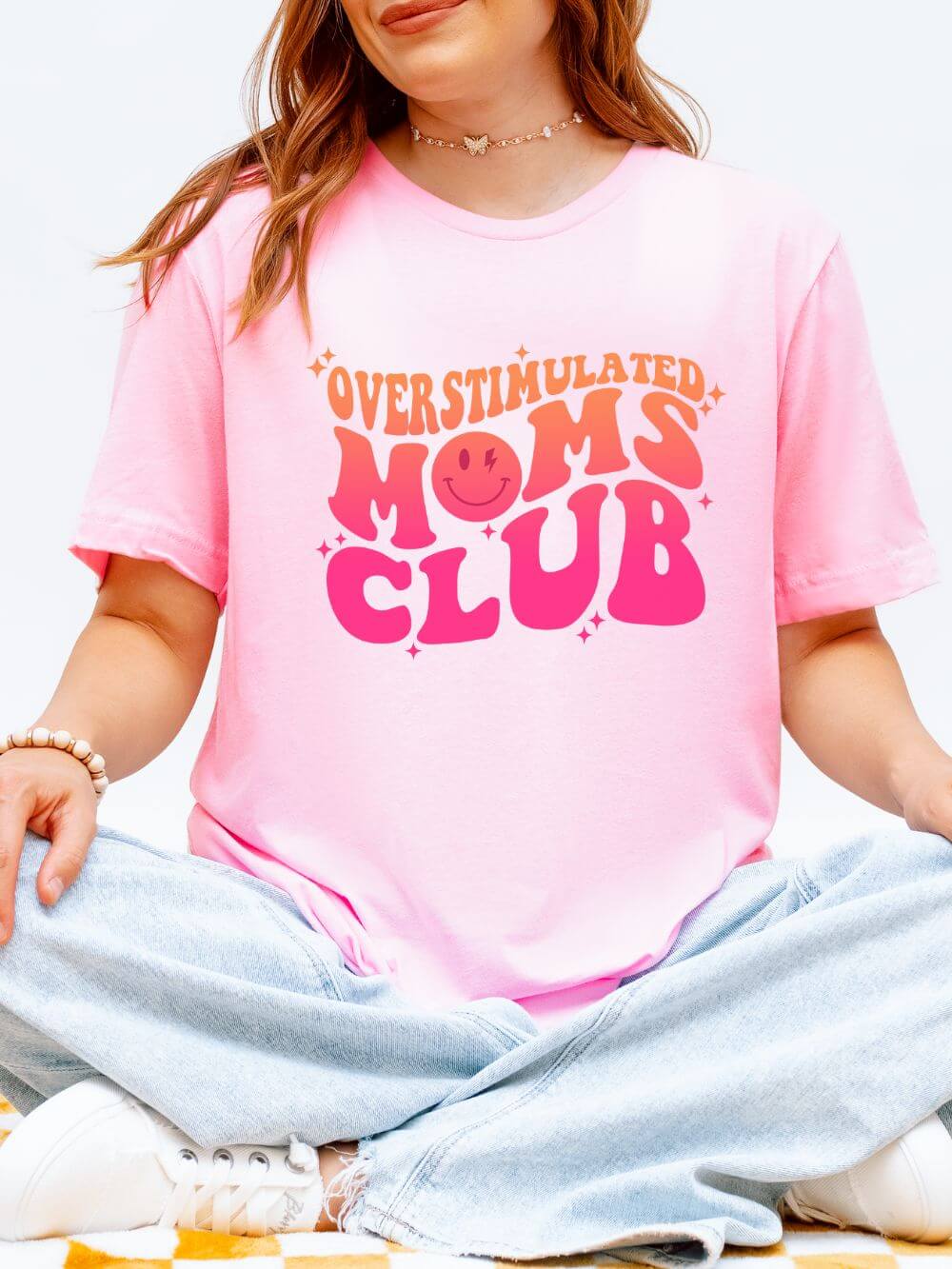 Overstimulated Moms Club Retro Orange & Pink Graphic T-Shirt