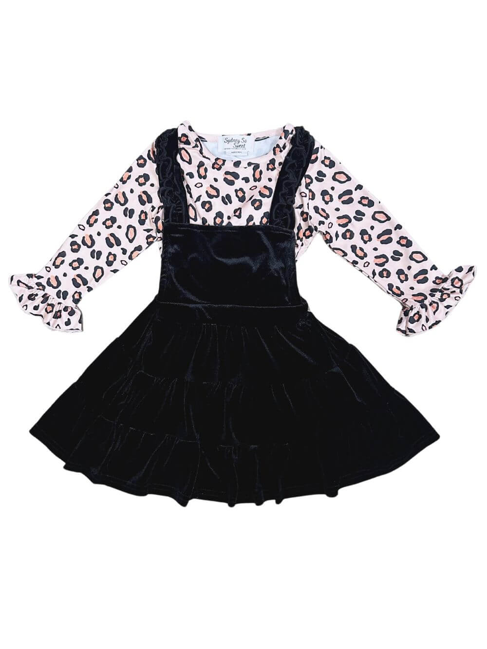 Pale Pink Cheetah Black Velvet Ruffle Girls Jumper Dress Set - Sydney So Sweet