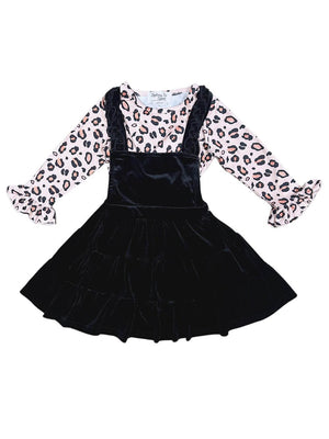 Pale Pink Cheetah Black Velvet Ruffle Girls  Jumper Dress Set - Sydney So Sweet