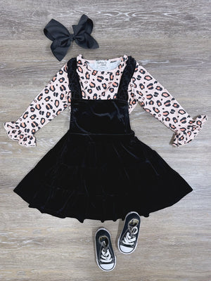 Pale Pink Cheetah Black Velvet Ruffle Girls Jumper Dress Set - Sydney So Sweet