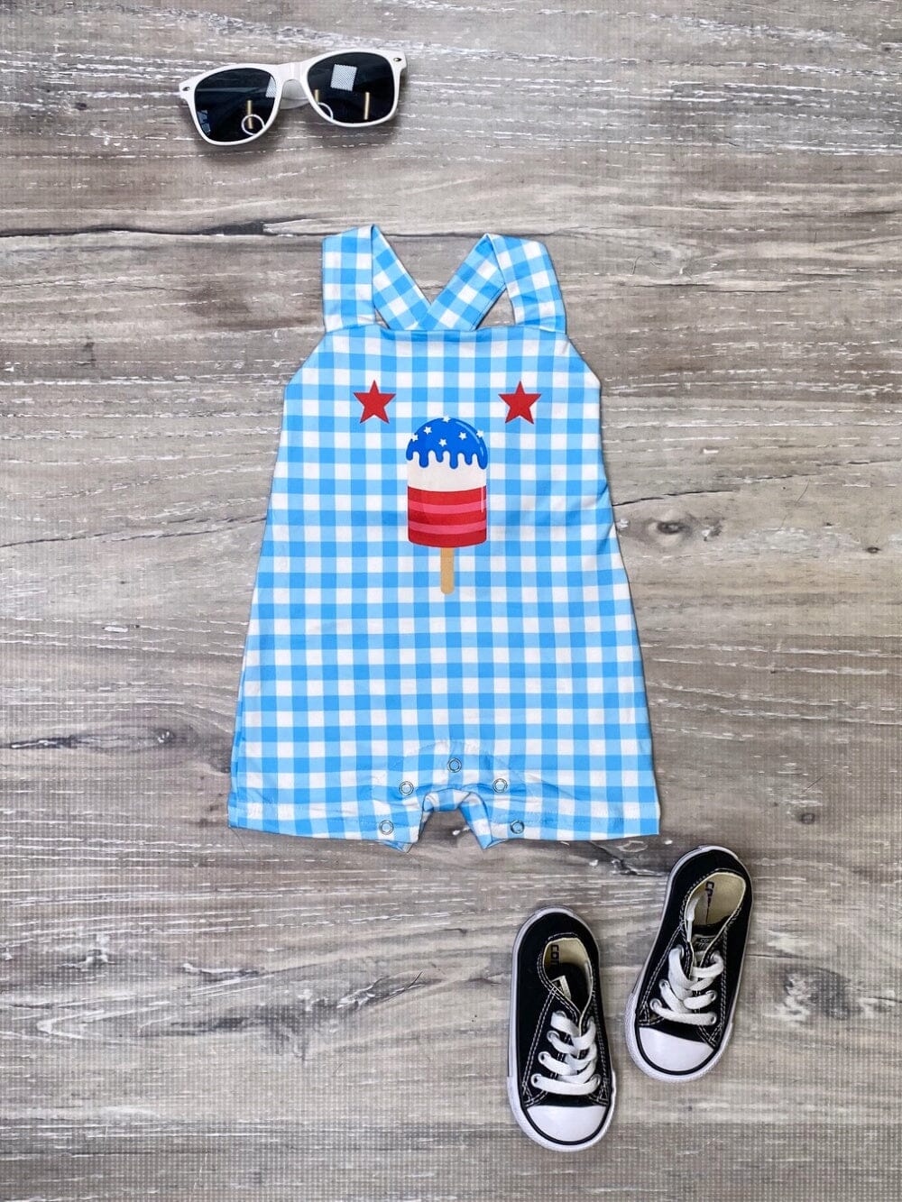 Party In The USA Popsicle Red Gingham Baby Boy 4th Of July Johnny Romper - Sydney So Sweet