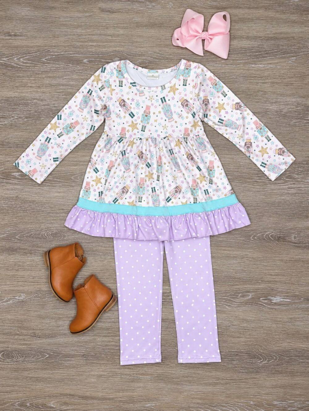 Pastel Nutcracker Girls Ruffle Tunic & Polka Dot Pants Outfit
