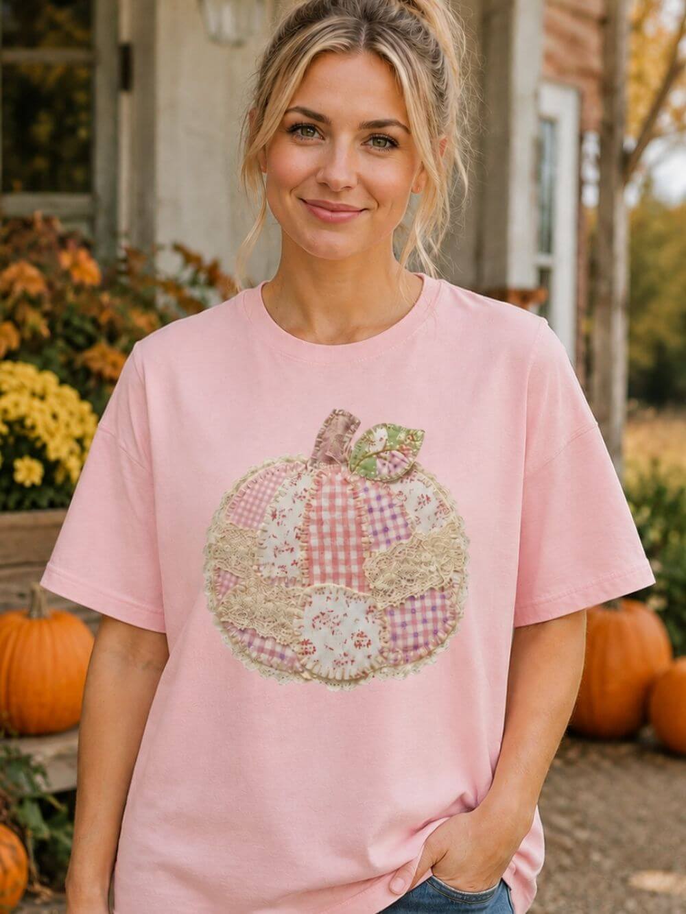 Pumpkin Patch Patchwork Tee Pink Floral Autumn Pumpkin Graphic T‑Shirt