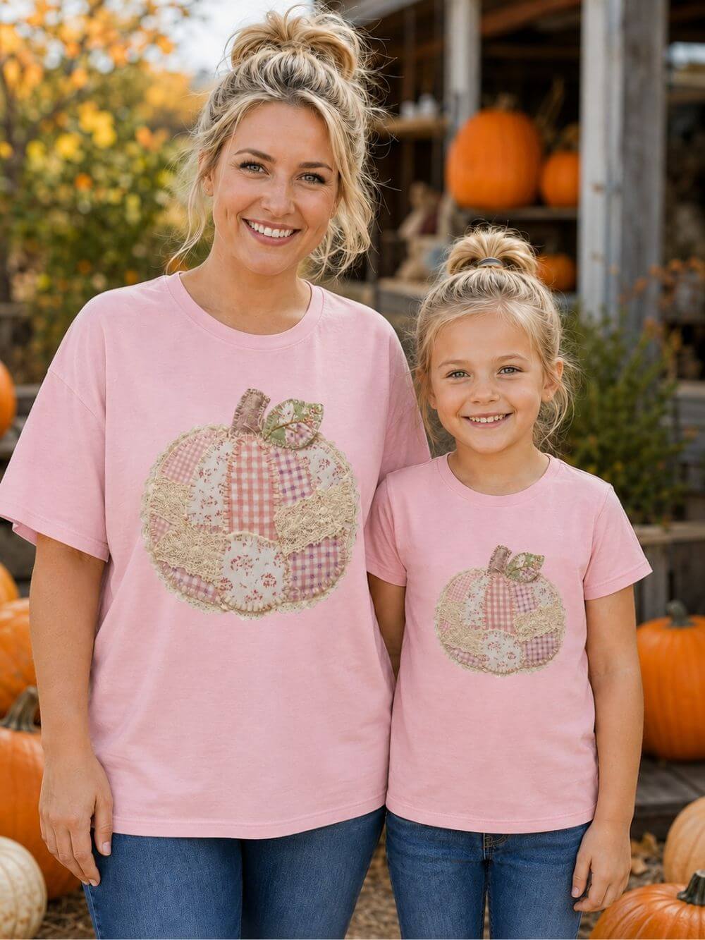 Pumpkin Patch Patchwork Tee Pink Floral Autumn Pumpkin Kids Graphic T-Shirt