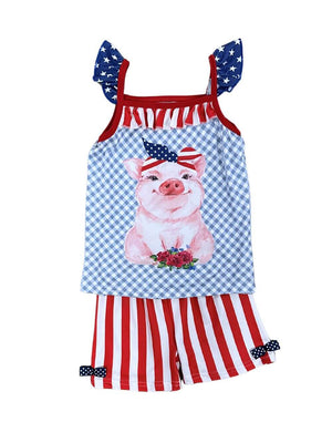 Patriotic Pig Red Stripe Girls 4th of July Shorts Outfit - Sydney So Sweet