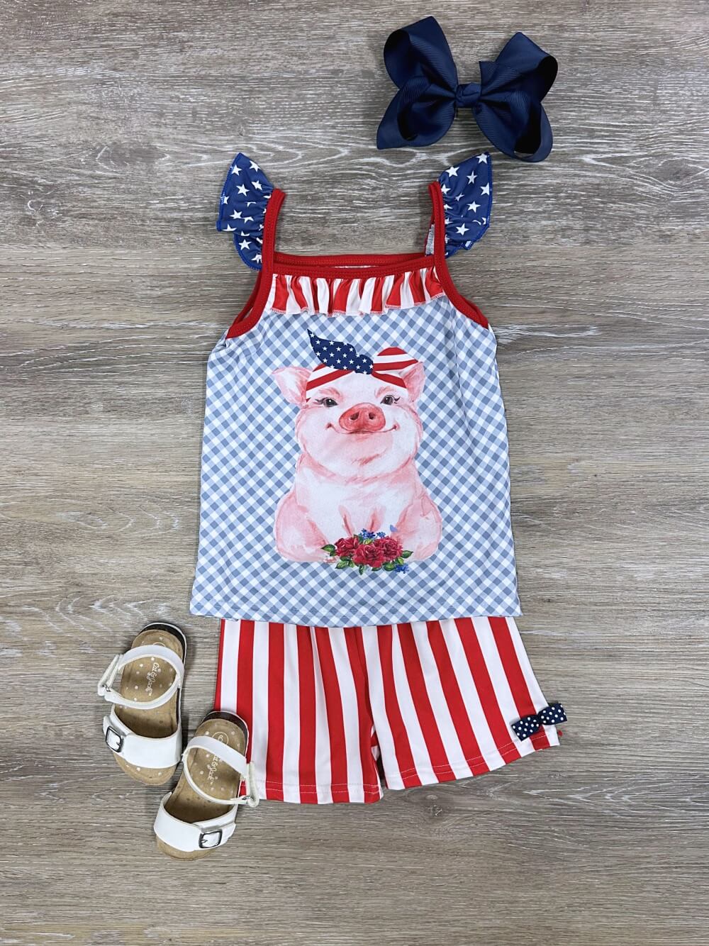 Patriotic Pig Red Stripe Girls 4th of July Shorts Outfit