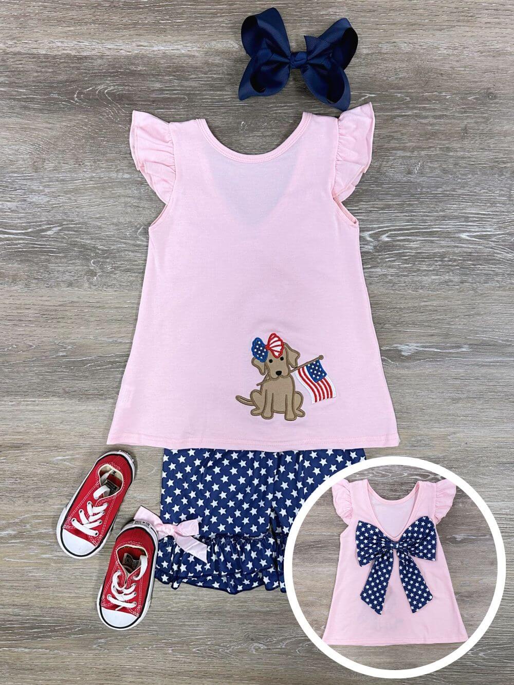 Patriotic Pooch Pink & Blue Girls Polka Dot Shorts Outfit - Sydney So Sweet