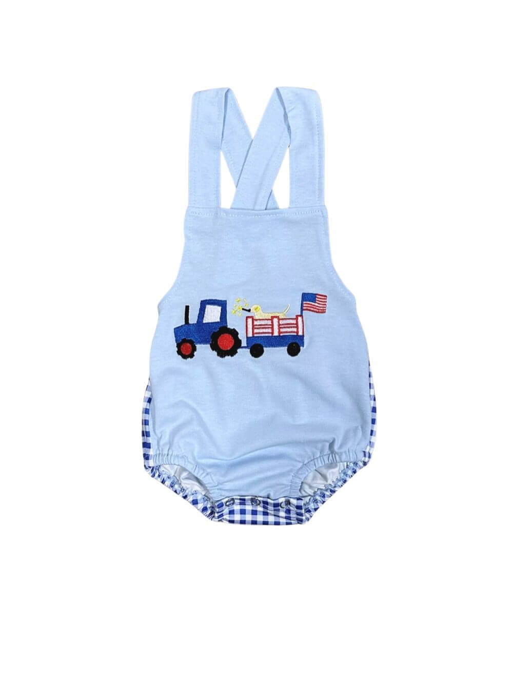 Patriotic Tractor Pull Boys 4th of July Baby Bubble Romper - Sydney So Sweet