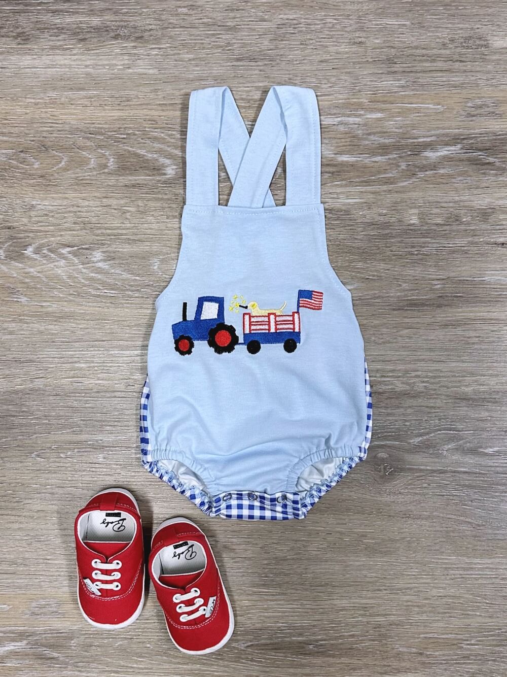 Patriotic Tractor Pull Boys 4th of July Baby Bubble Romper - Sydney So Sweet