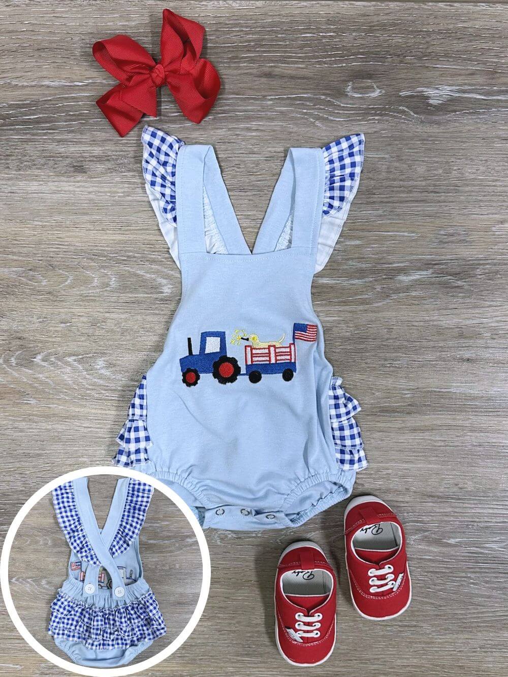 Patriotic Tractor Pull Girls 4th of July Baby Bubble Romper - Sydney So Sweet