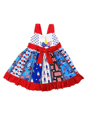 Patriotic Unicorn Girls Tank Sleeve Ruffle Trim Twirl Dress - Sydney So Sweet