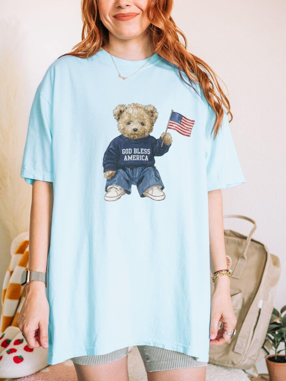 God Bless America Patriotic Teddy Bear with Flag Graphic T-Shirt