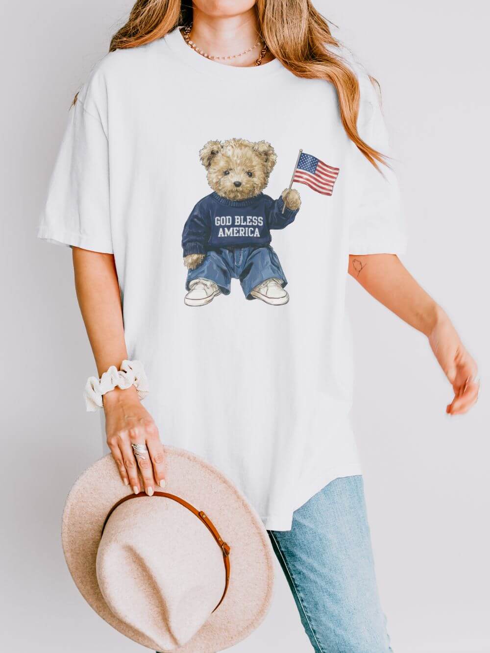 God Bless America Patriotic Teddy Bear with Flag Graphic T-Shirt