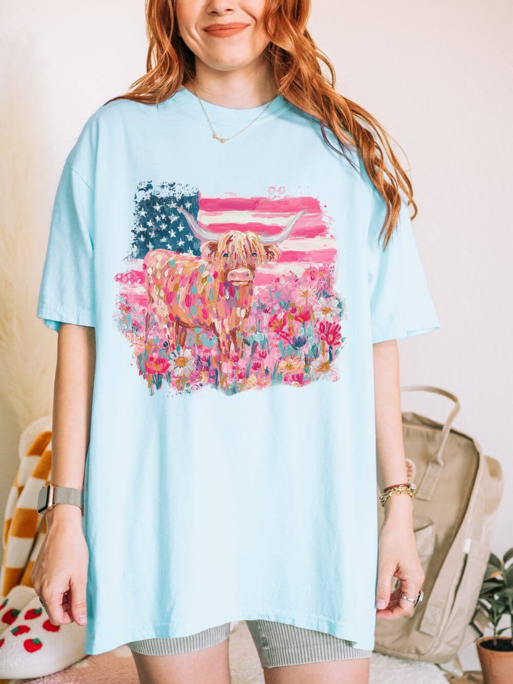 Patriotic Floral Highland Cow T-Shirt Watercolor Graphic Tee