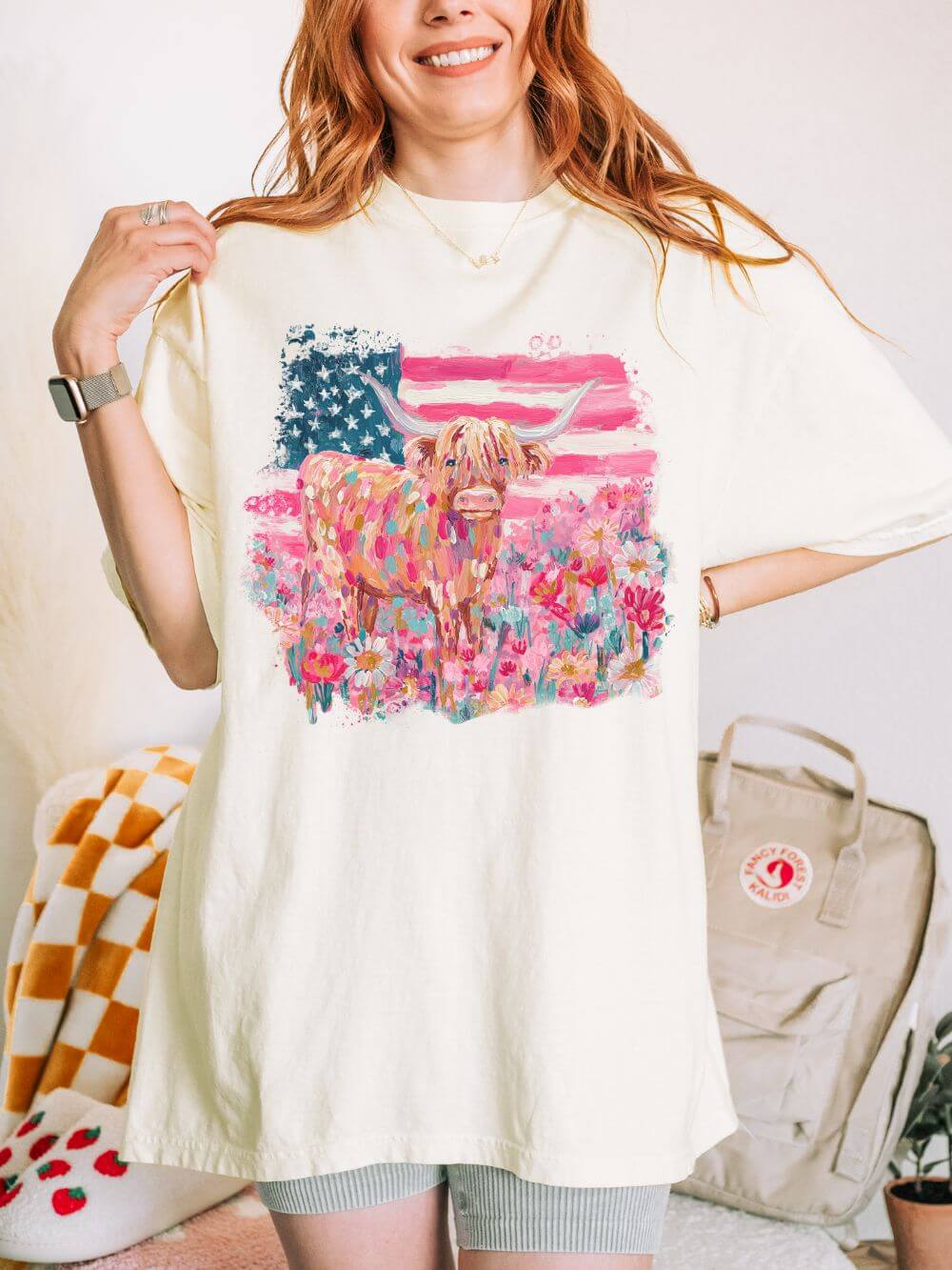 Patriotic Floral Highland Cow T-Shirt Watercolor Graphic Tee